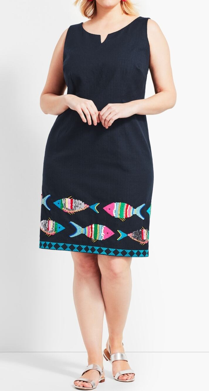Talbots navy blue embroidered sequin fish sheath dress size 10 Novelty Teacher